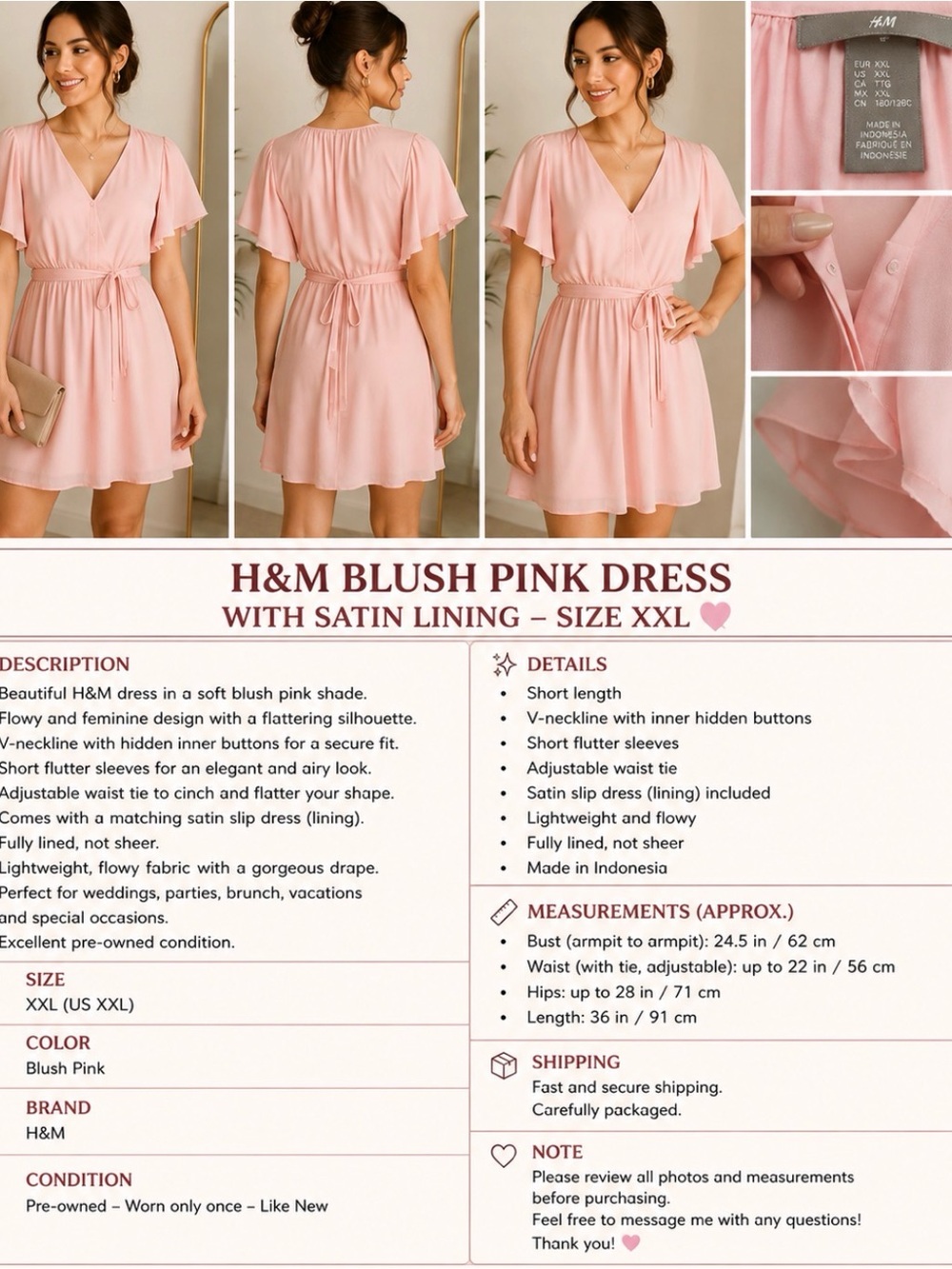 H&M Blush Pink V-Neck Dress Satin Lining Tie Waist Size XXL